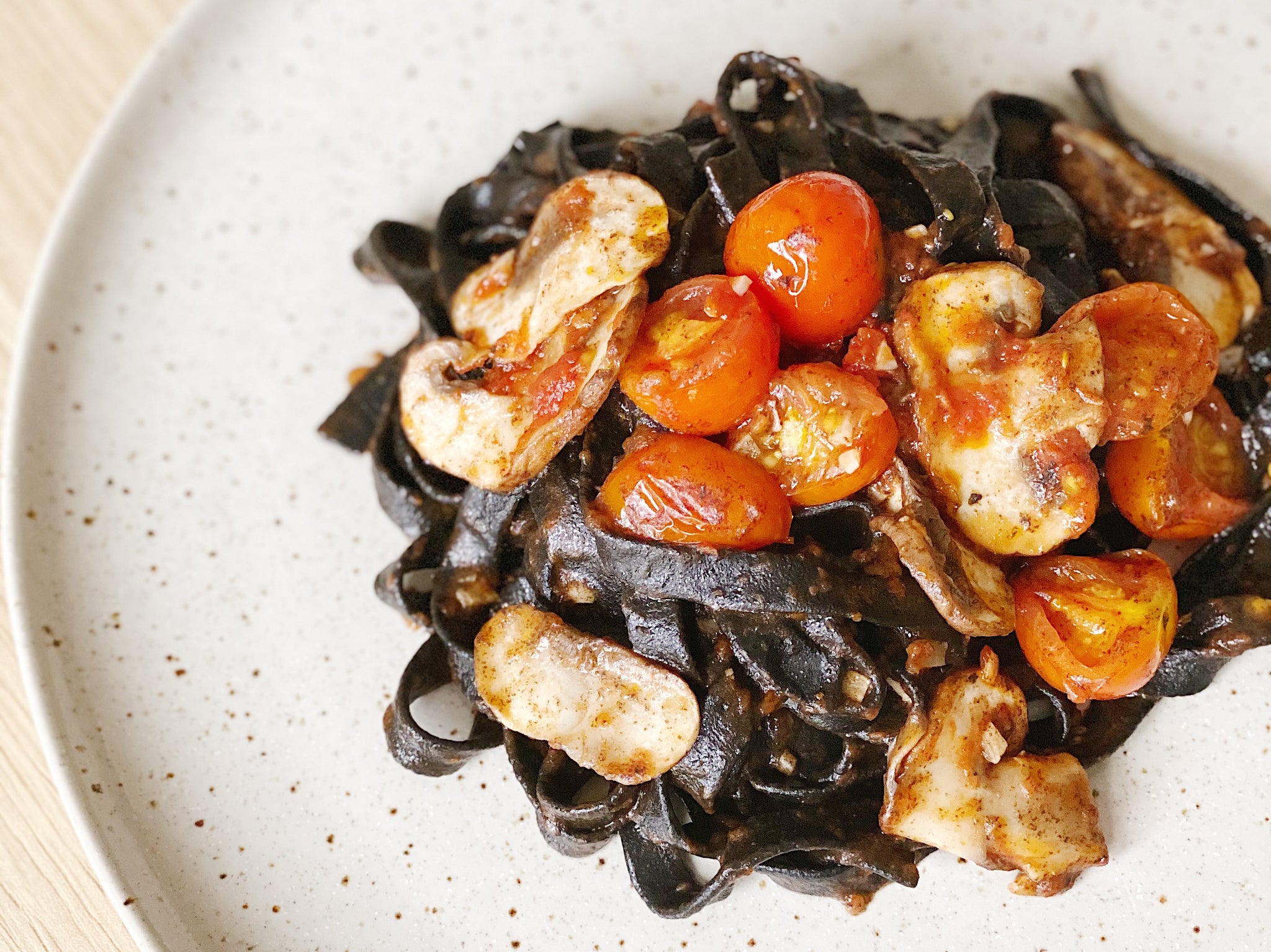 Squid Ink Pasta with Cherry Tomatoes & Baby Bellas