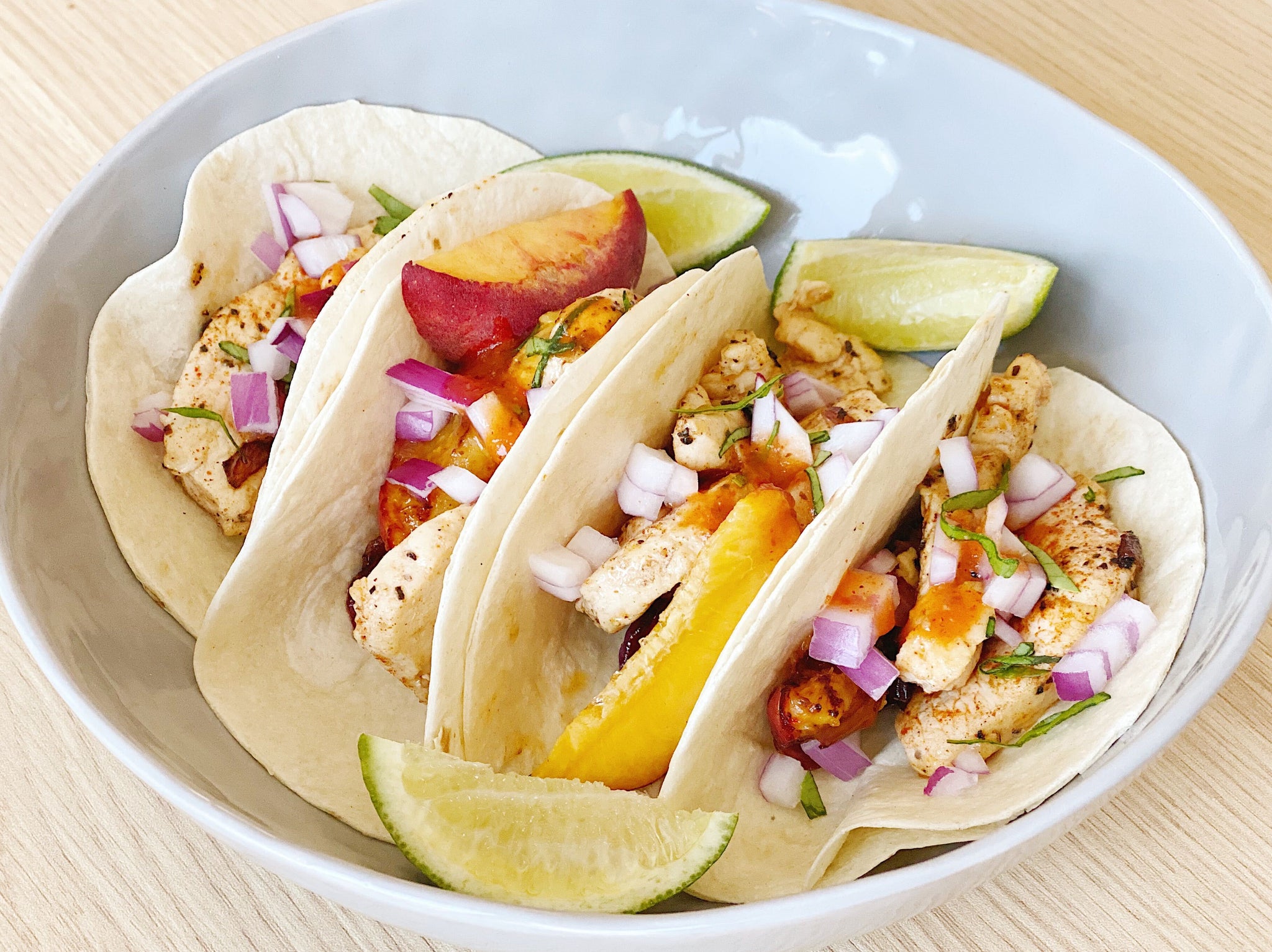 Spicy-Sweet Chicken Tacos with Peach Fire Compote 